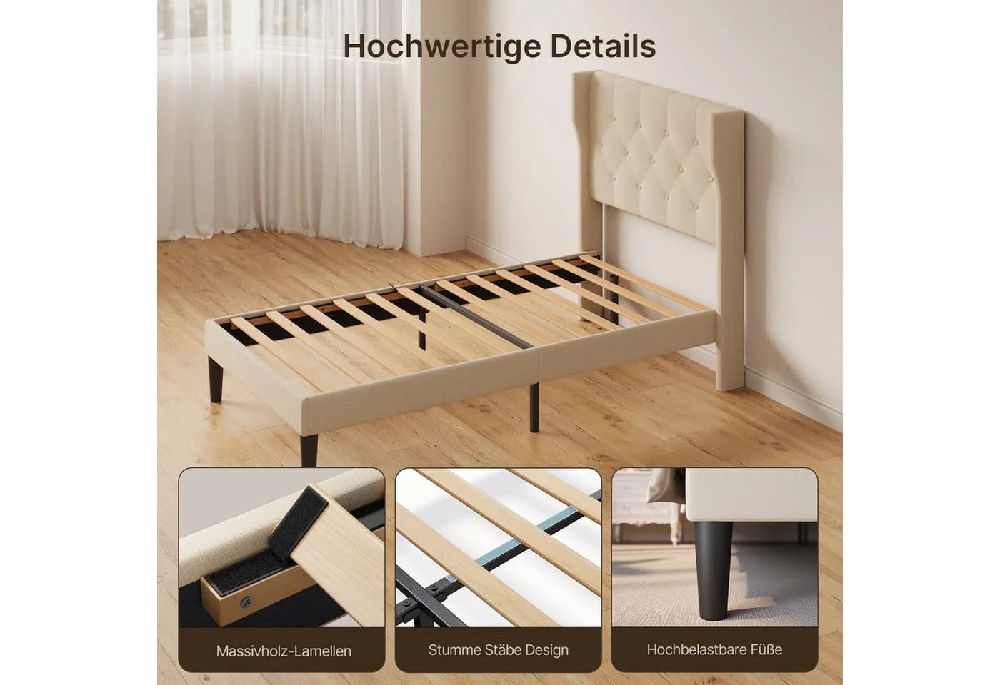 Bealife Bettgestell mit Kopfteil und Lattenrost Beige/Grau - Bild 5