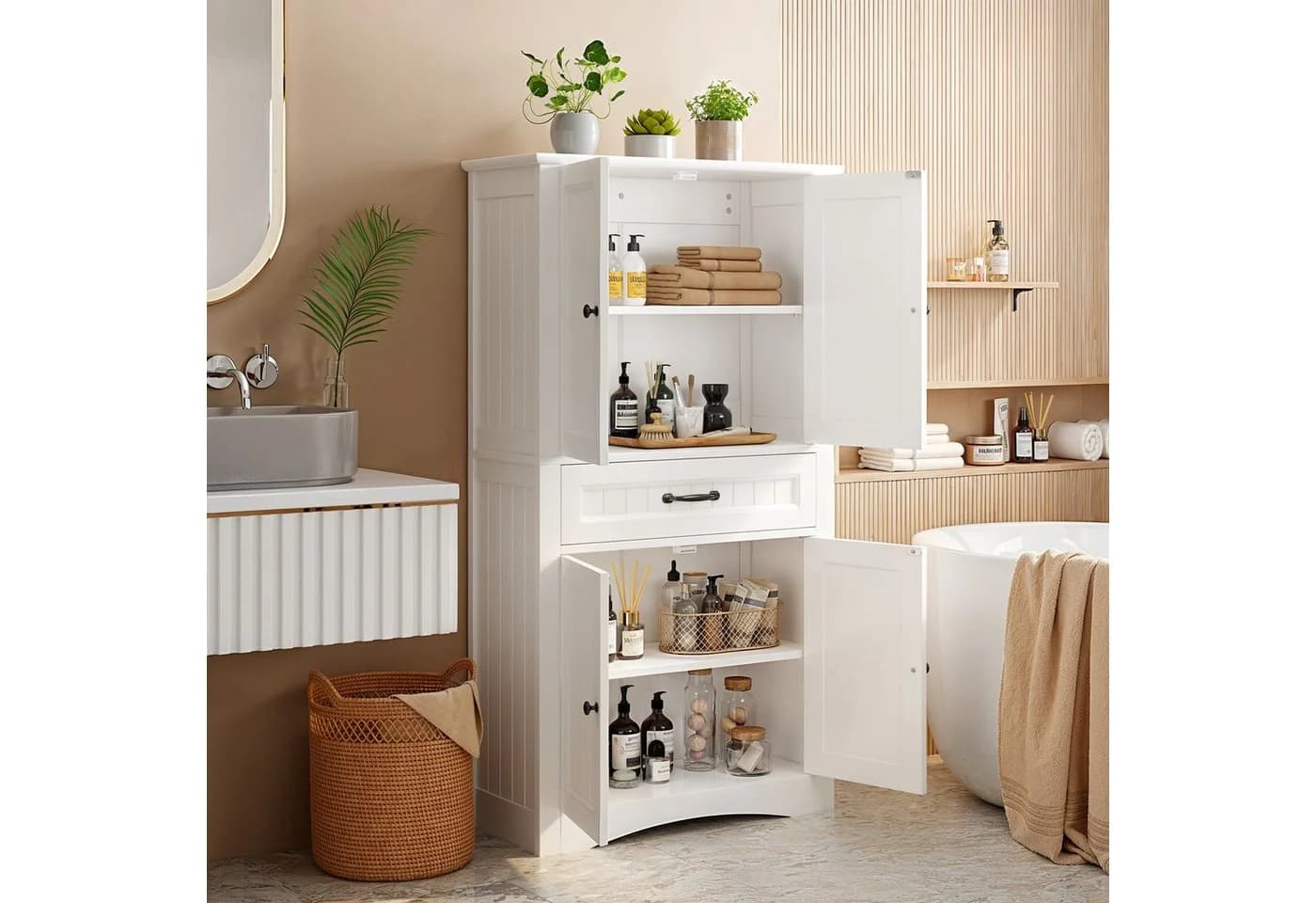 Bealife Hochschrank Badschrank Weiß 2 Türen 1 Schublade