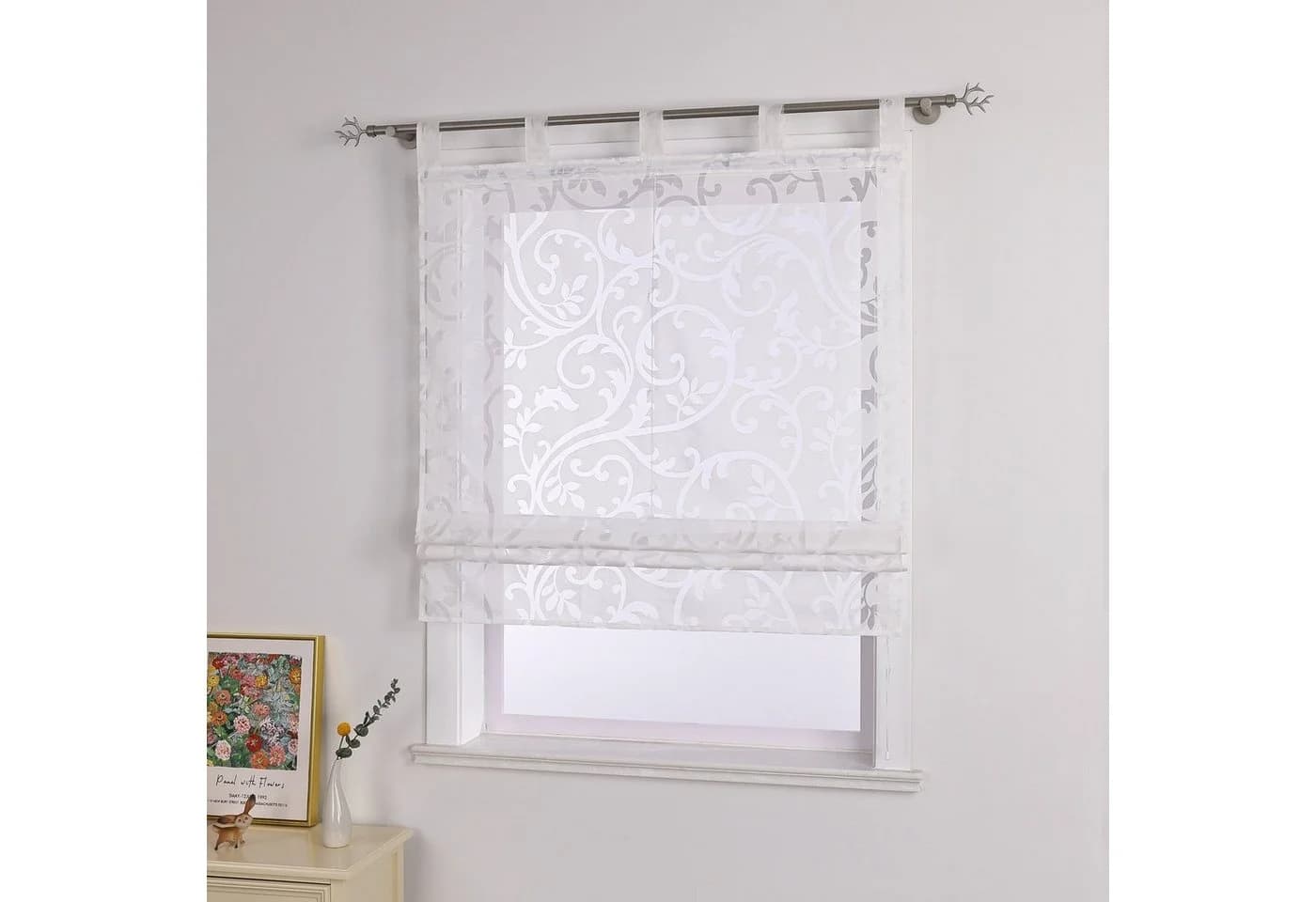 Delien Raffrollo Jessica mit Schlaufen, Voile Uni mit Floral Ausbrenner Weiß