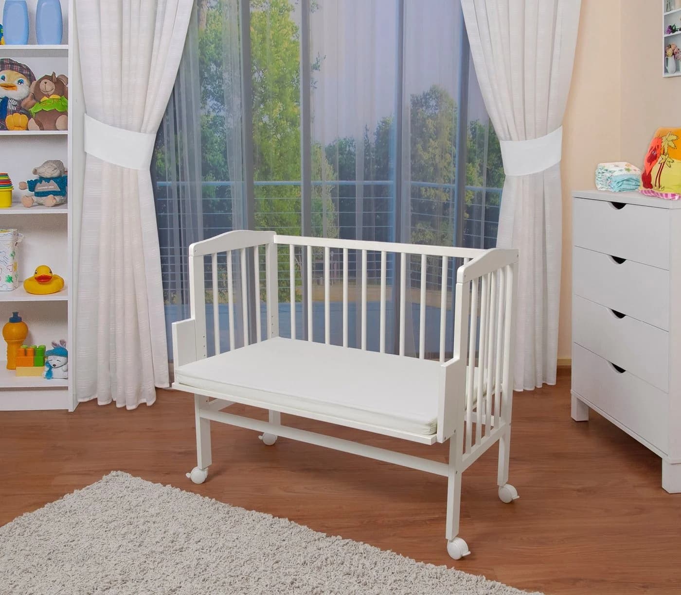Waldin Beistellbett Buche massiv verstellbar mit Matratze