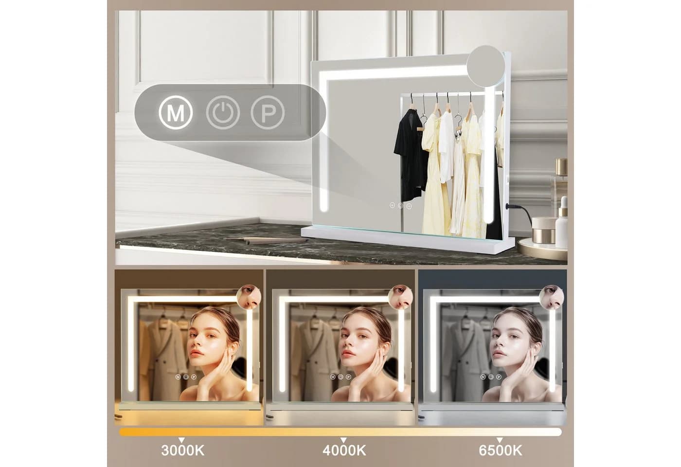 Nettlife Schminkspiegel mit Licht Weiß 3 Farben USB Touch Hollywood - Bild 3