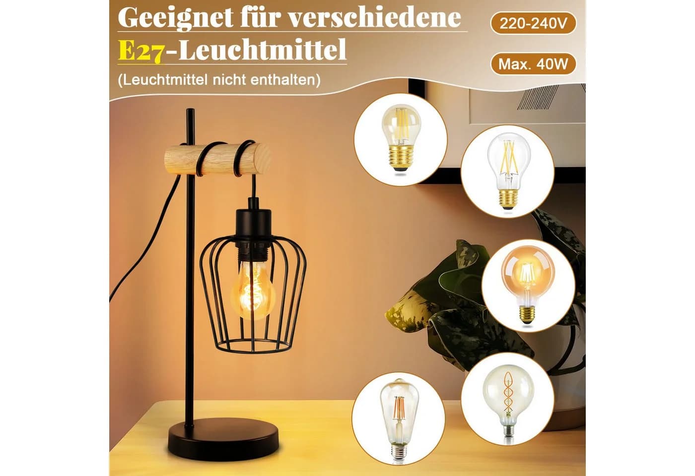 Vintage Tischleuchte aus Holz und Metall in Schwarz