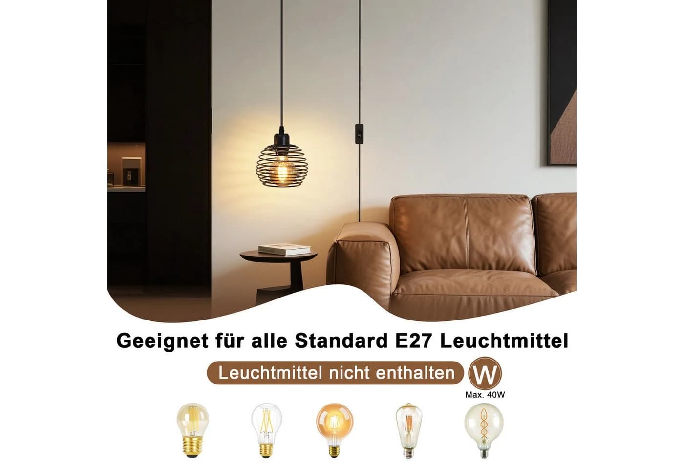 Nettlife Pendelleuchte Vintage Esszimmer Schwarz E27 mit Schalter