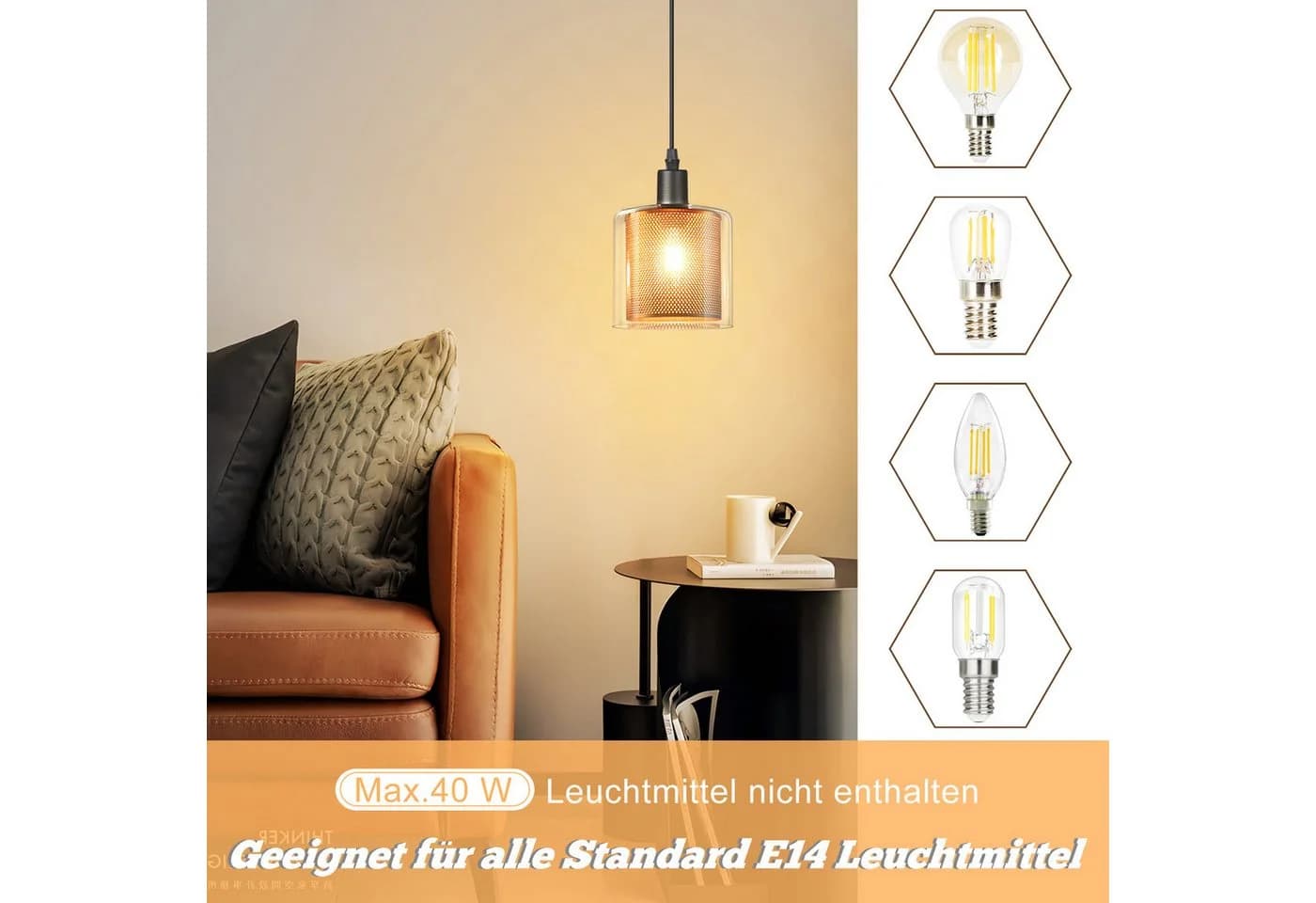 Nettlife Pendelleuchte Vintage Glas Gold E14 1 Flammig Esszimmer Hängelampe