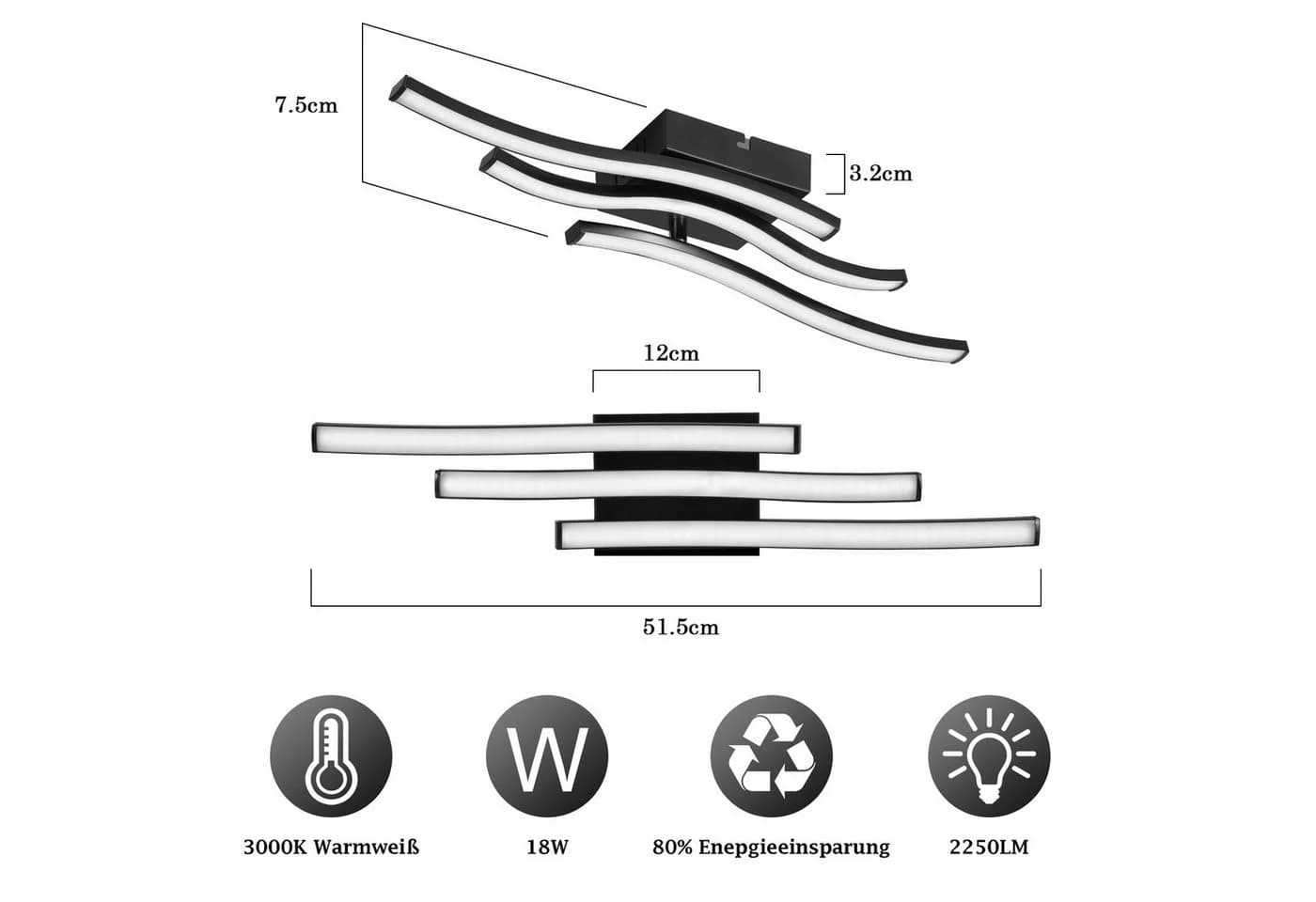 Nettlife Deckenleuchte Flur Schwarz 6W 3000K Modern Innen Wellen Design Warmweiß - Bild 3