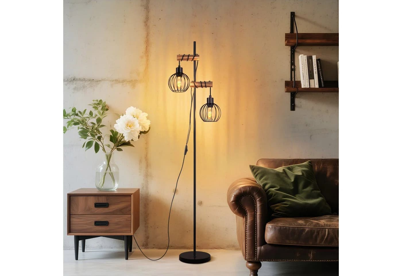 Nettlife Stehlampe Schwarz Vintage Holz 151cm