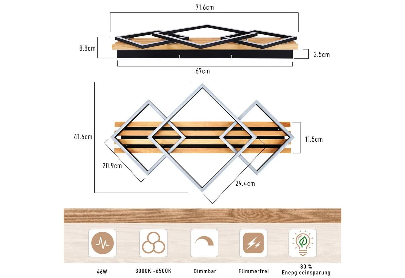 Nettlife LED Deckenleuchte Holz 3 Ringe 46W Modern Deckenlampe 70cm - Bild 4