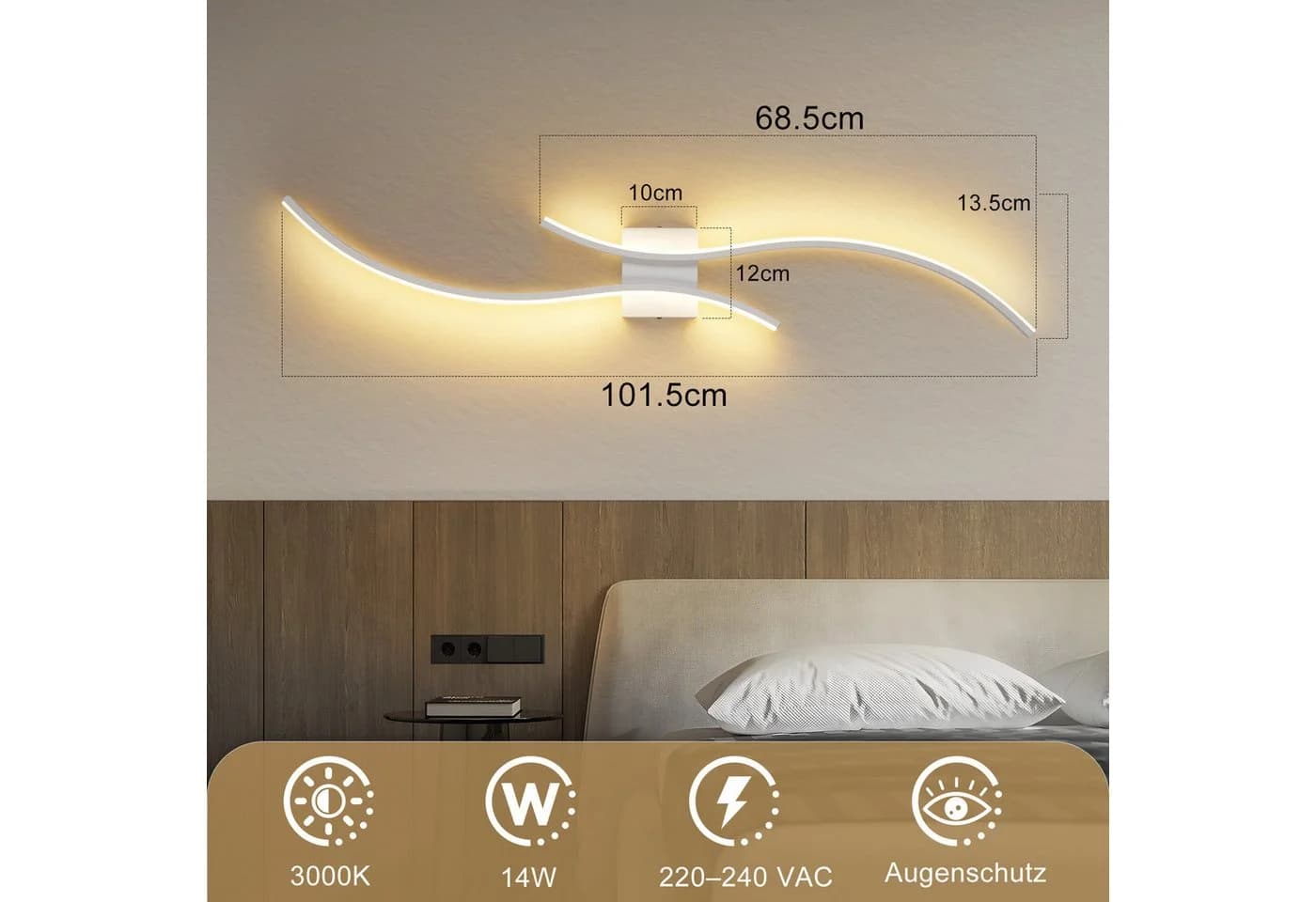 Nettlife LED Wandleuchte 100CM Weiß 14W 3000K Modern Welle Design - Bild 3