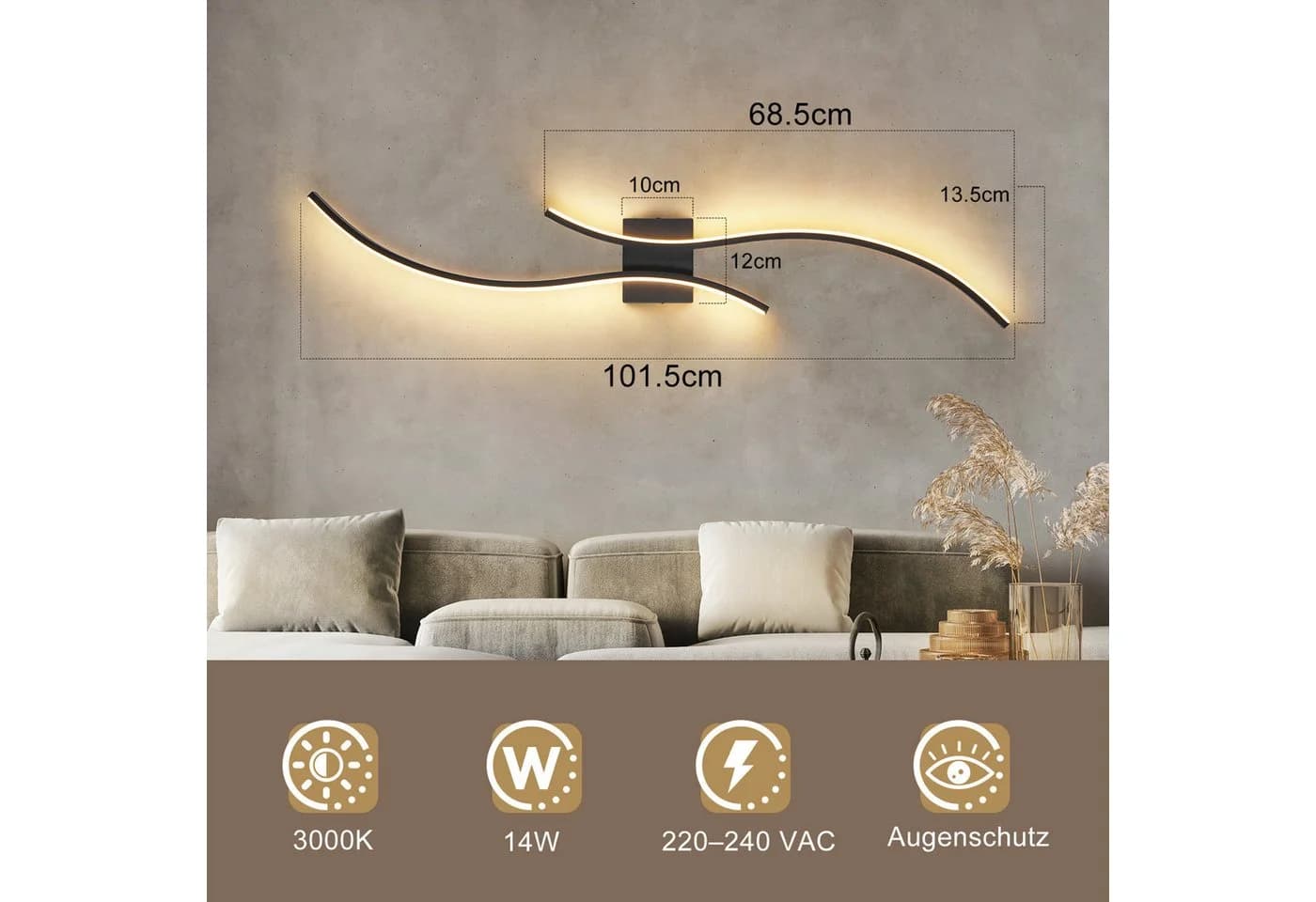 Nettlife LED Wandleuchte 100CM Schwarz 14W 3000K Modern Welle Design - Bild 3