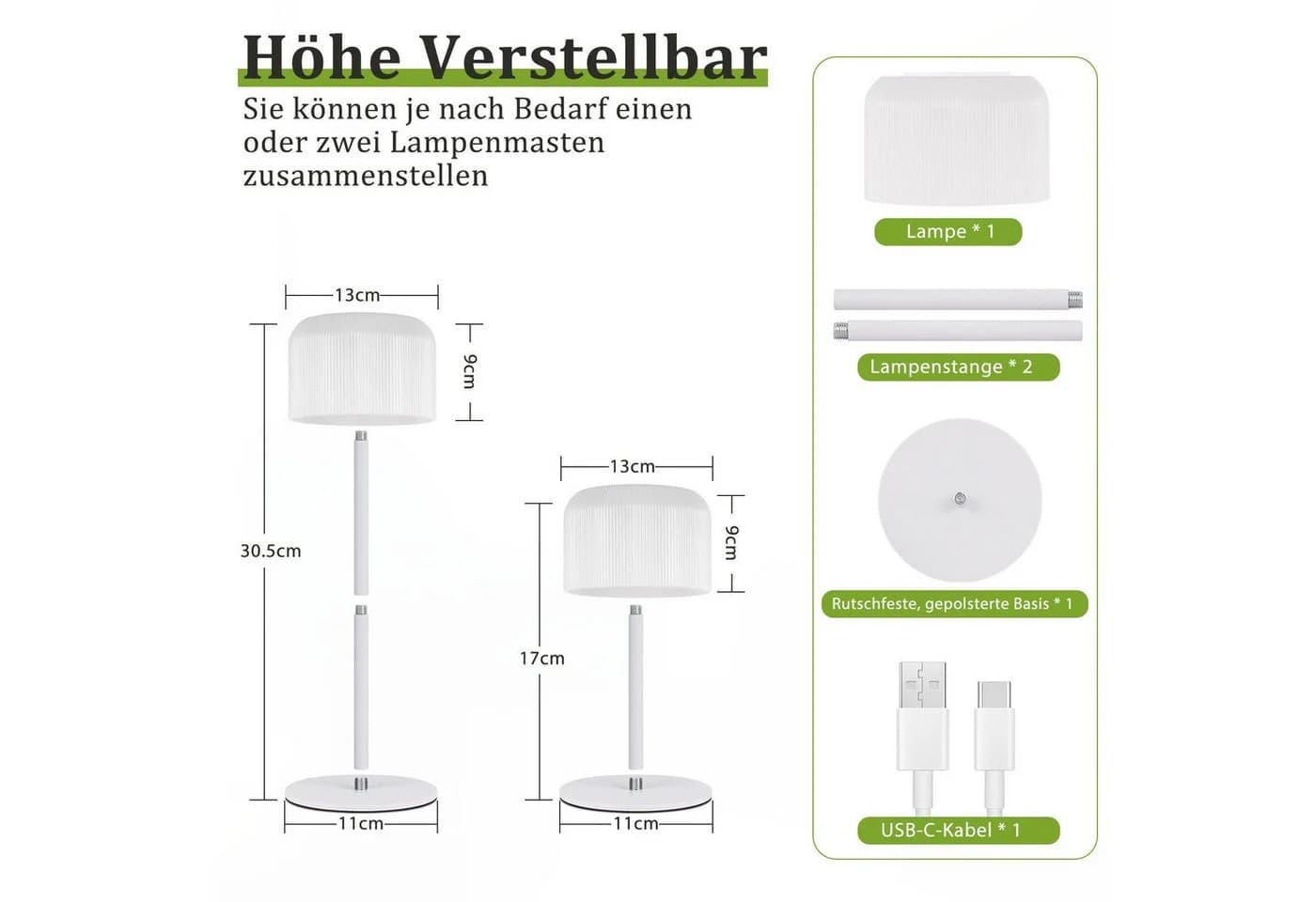 Nettlife LED Tischleuchte Kabellos Weiß Touch Höhenverstellbar USB-C Aufladbar - Bild 4