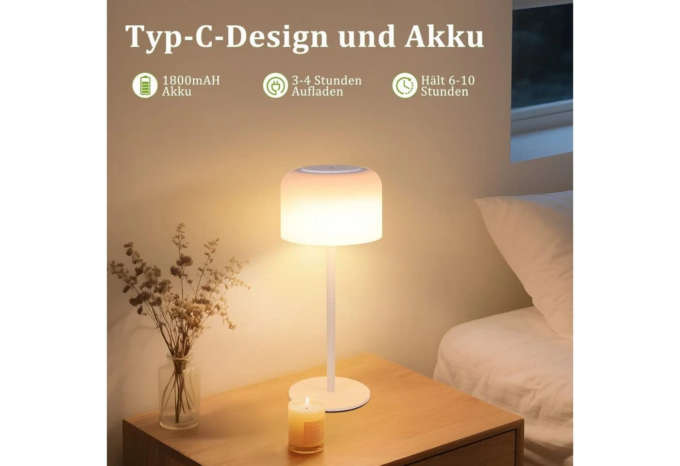 Nettlife LED Tischleuchte Kabellos Weiß Touch Höhenverstellbar USB-C Aufladbar - Bild 5