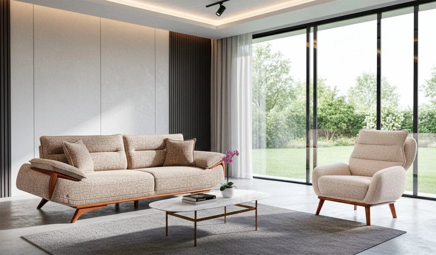 Nobelaa Sofa Sitzgruppe 3+3+1 Wohnzimmergarnitur Rosamora Beige Strickstoff - Bild 2