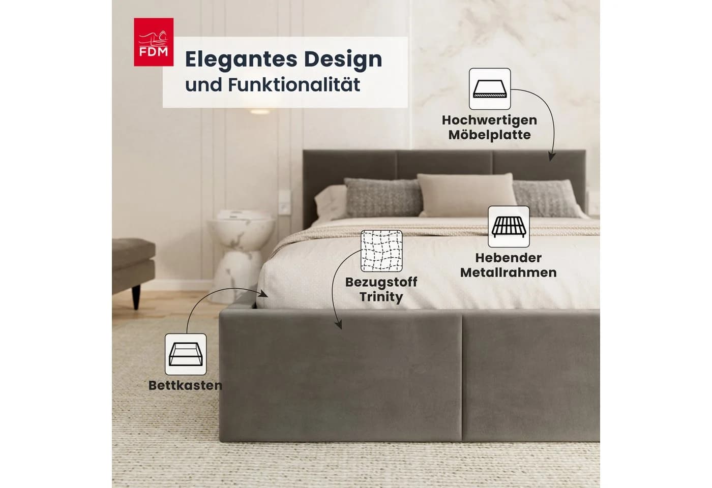 FDM Polsterbett AMBER modern mit Bettkasten Grau - Bild 3