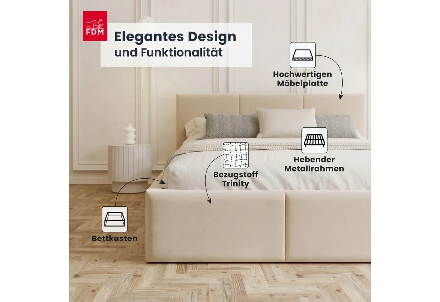 FDM Polsterbett AMBER modern mit Bettkasten Beige - Bild 3