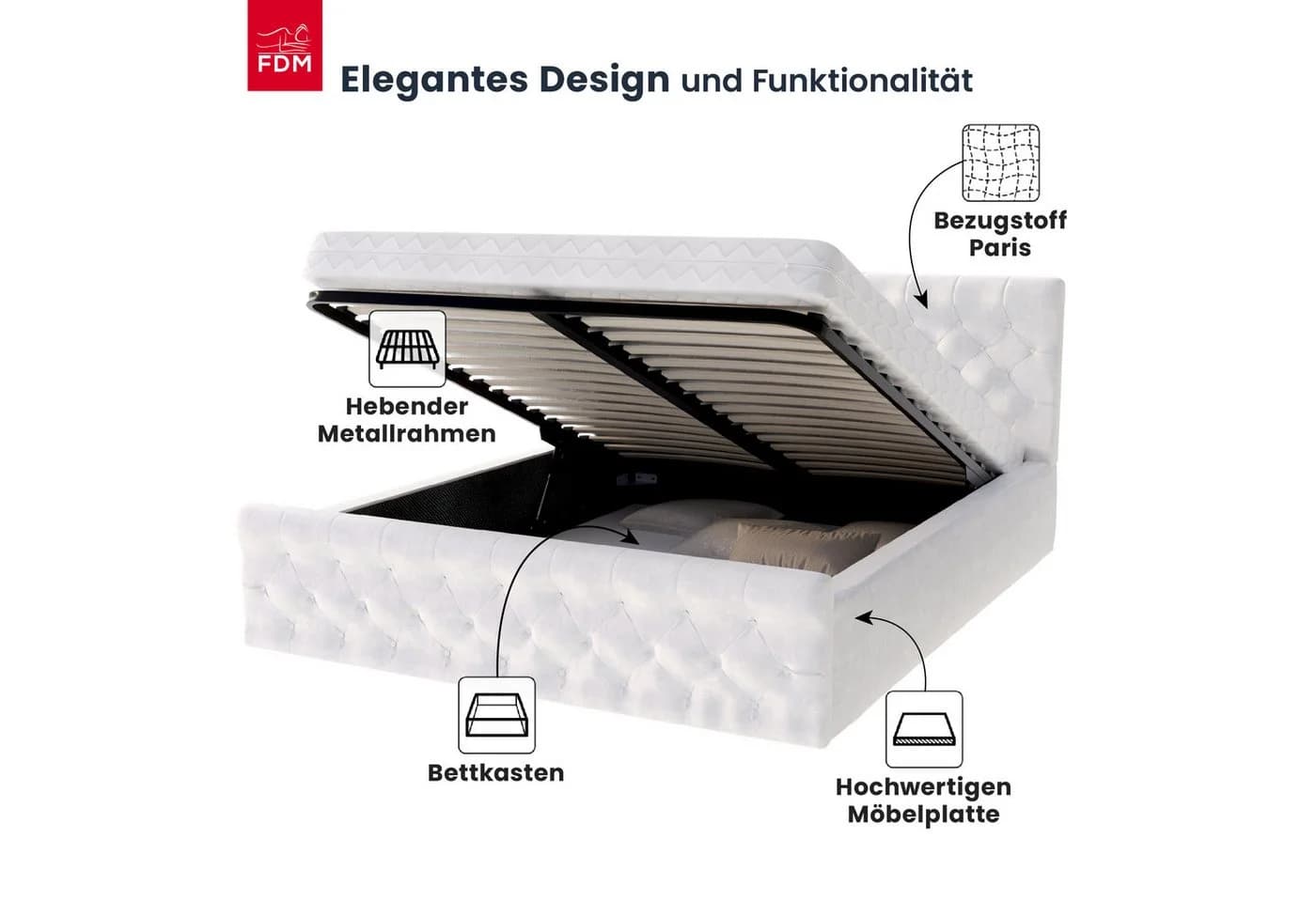 FDM Polsterbett PARADISE Weiß mit Bettkasten und Hebemechanismus - Bild 3