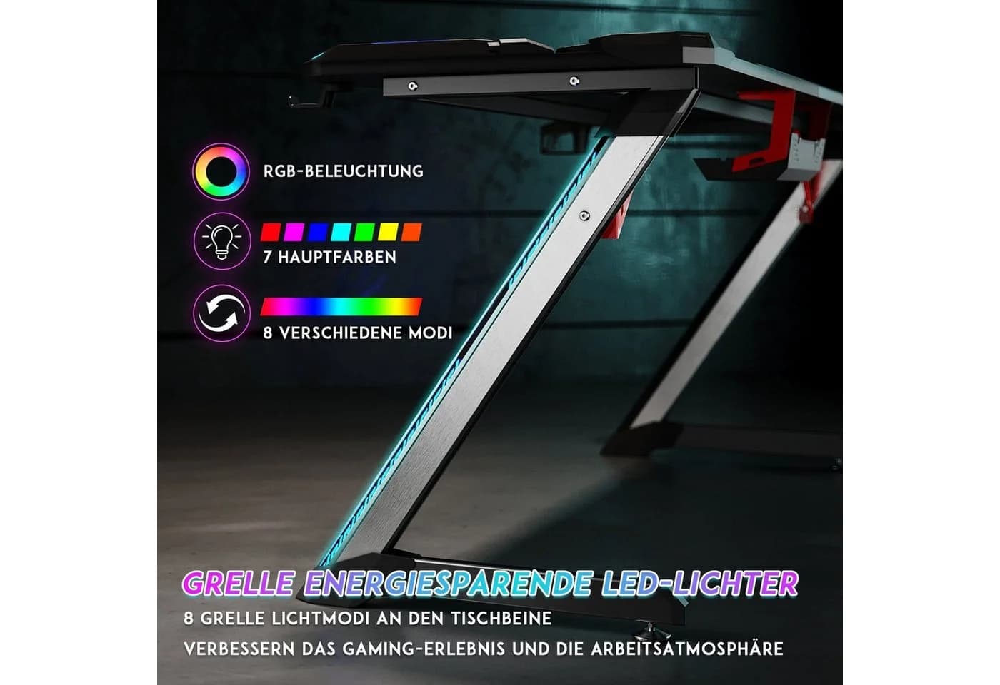 SONNI Gamingtisch mit LED RGB Beleuchtung und Kabelmanagement