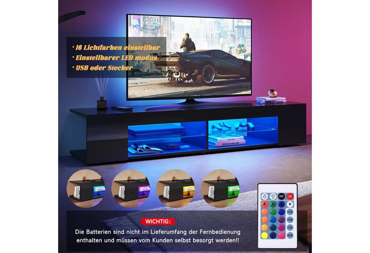 SONNI Lowboard TV Schrank Schwarz/Weiß 135cm LED-Beleuchtung - Bild 4
