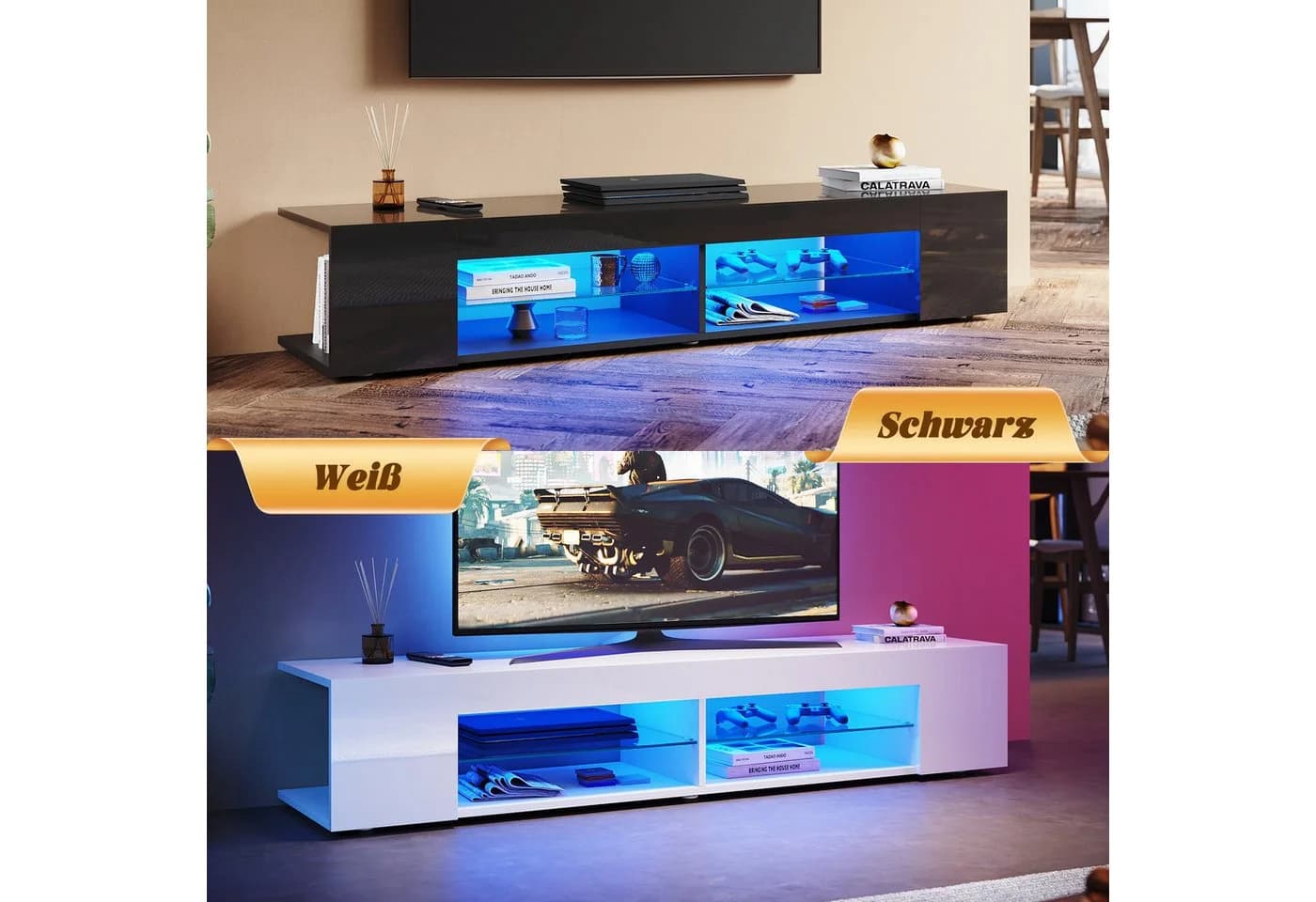 SONNI Lowboard TV Schrank Schwarz/Weiß 135cm LED-Beleuchtung - Bild 5