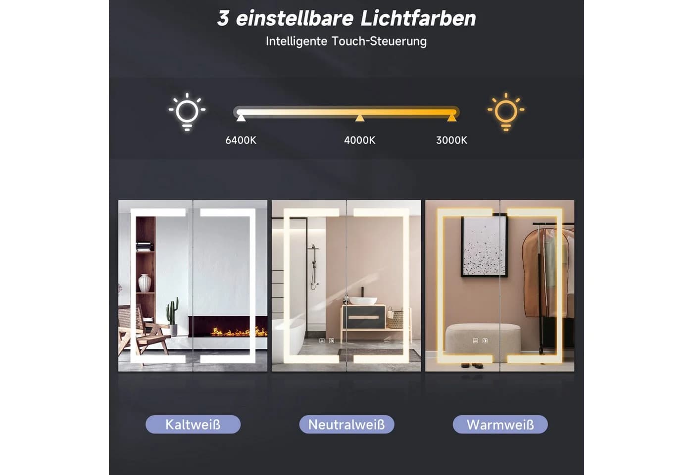 SONNI Spiegelschrank 60x70 cm 2-türig Edelstahl mit Beleuchtung