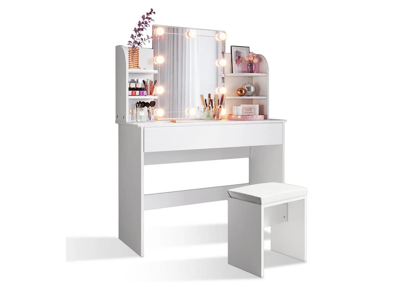 SONNI Schminktisch mit LED-Beleuchtung Weiß 108x140x40 cm - Bild 2