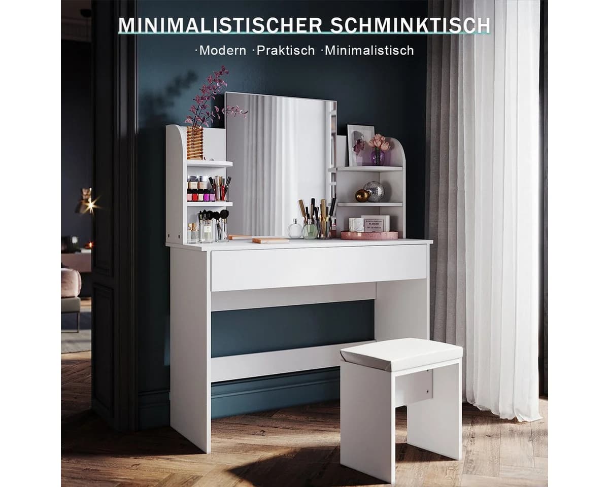 SONNI Schminktisch mit LED-Beleuchtung Weiß 108x140x40 cm - Bild 3