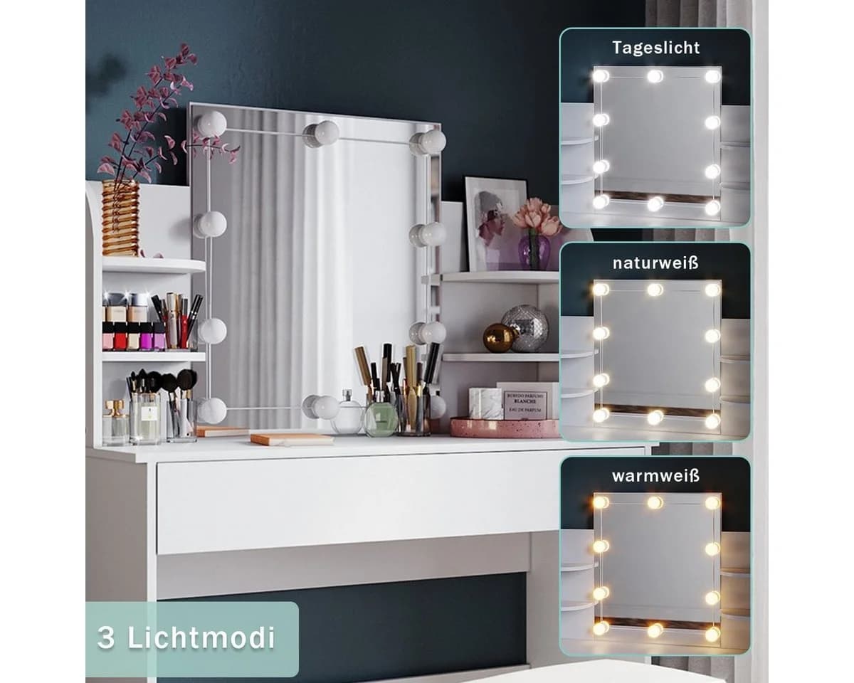 SONNI Schminktisch mit LED-Beleuchtung Weiß 108x140x40 cm - Bild 5