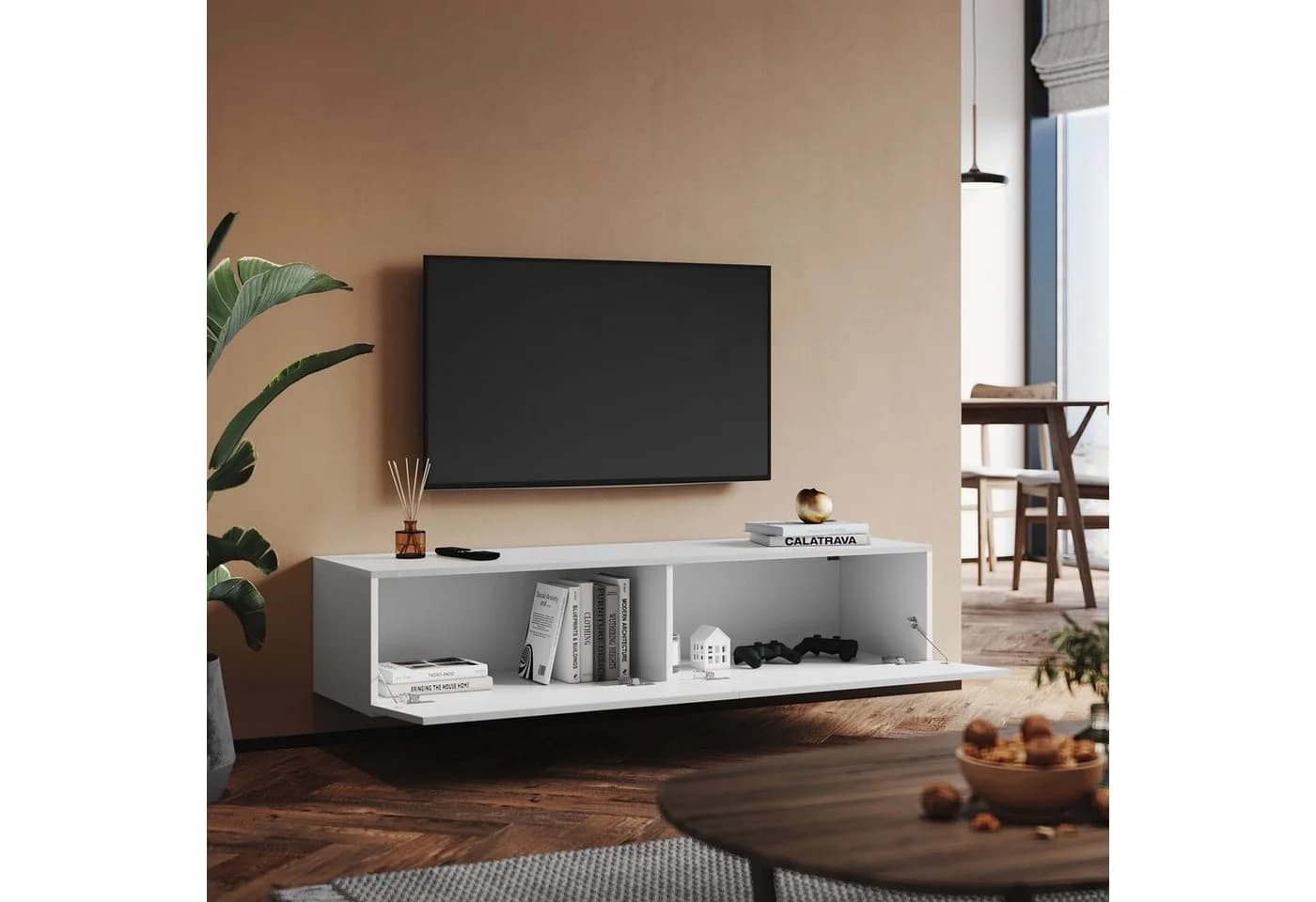 SONNI TV Lowboard Hochglanz Weiß Griffloses Design