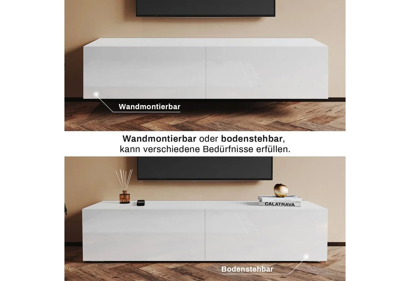 SONNI TV Lowboard Hochglanz Weiß Griffloses Design - Bild 3