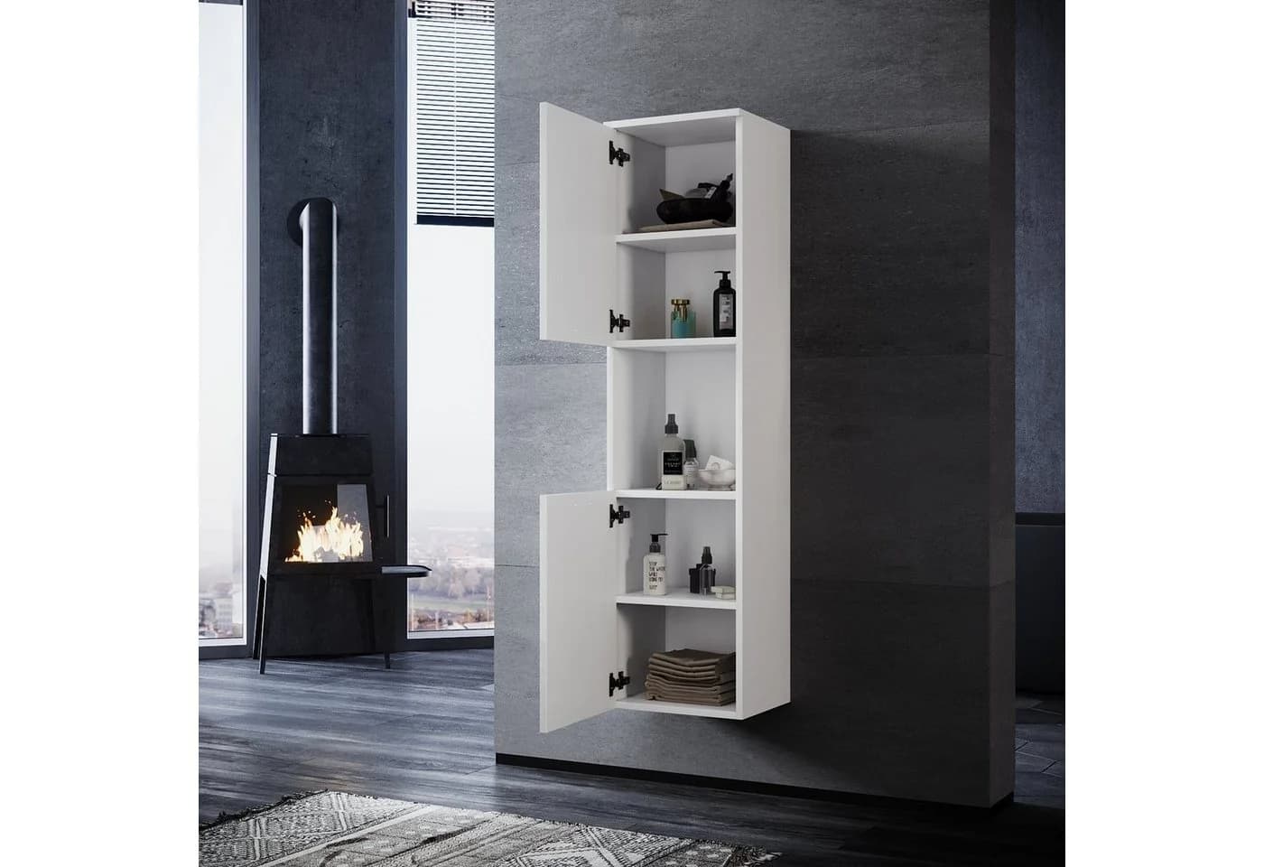 SONNI Hochschrank Bad schmal Grau/Weiss Hochglanz wandhängend