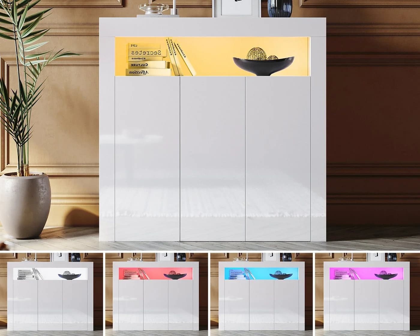 SONNI Kommode Sideboard Weiß Hochglanz mit LED Beleuchtung - Bild 4