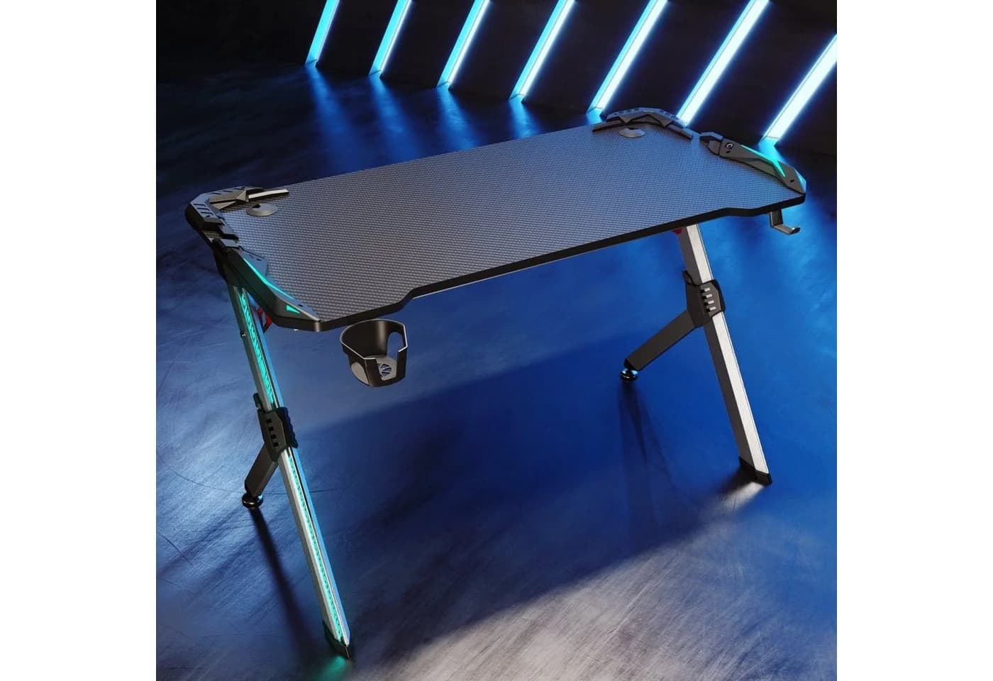 SONNI Gamingtisch Computertisch Schreibtisch mit RGB LED Beleuchtung, Breite 140cm, mit Becherhalter und Kopfhörerhaken, energiesparend