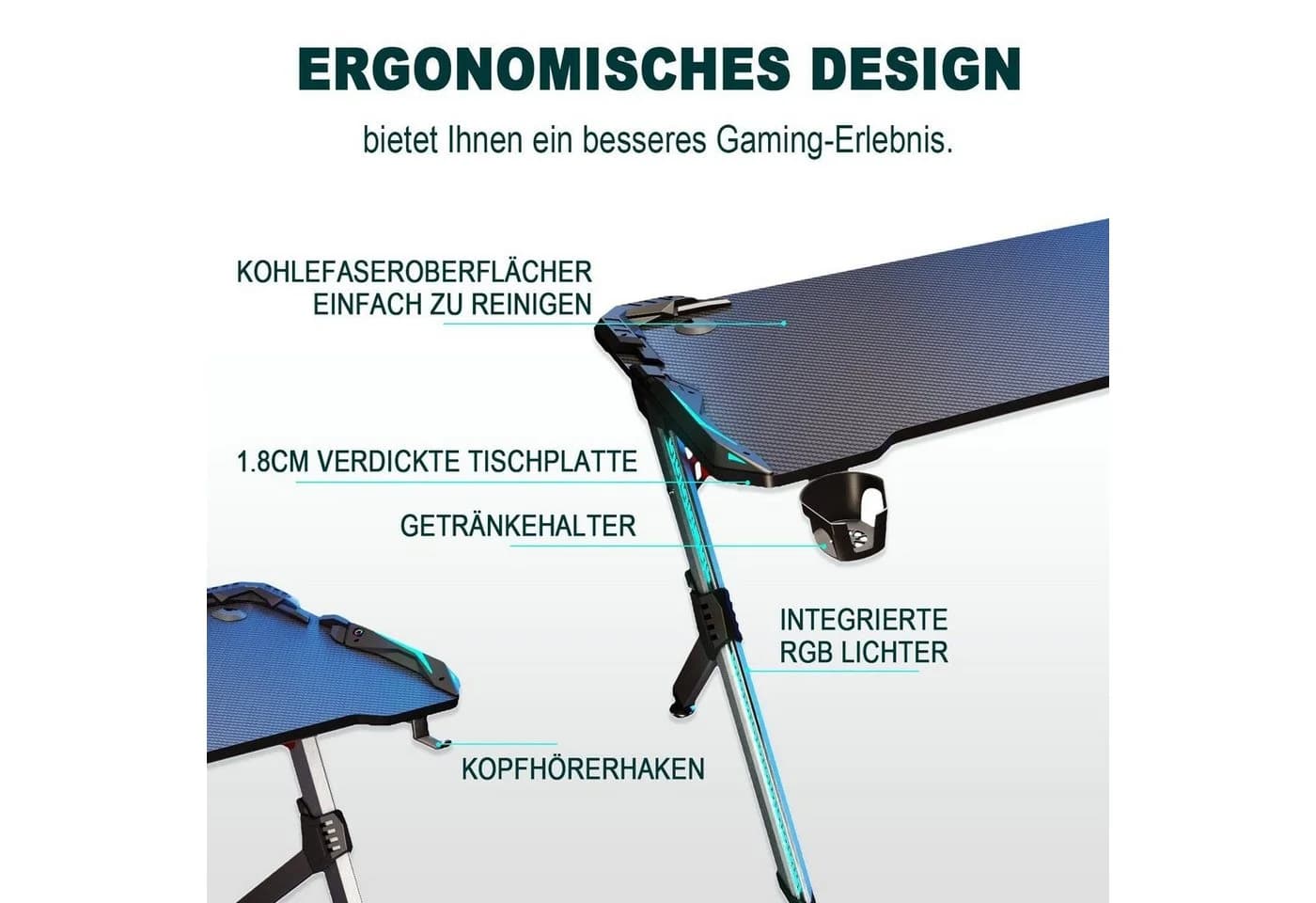 SONNI Gamingtisch Computertisch Schreibtisch mit RGB LED Beleuchtung, Breite 140cm, mit Becherhalter und Kopfhörerhaken, energiesparend - Bild 3