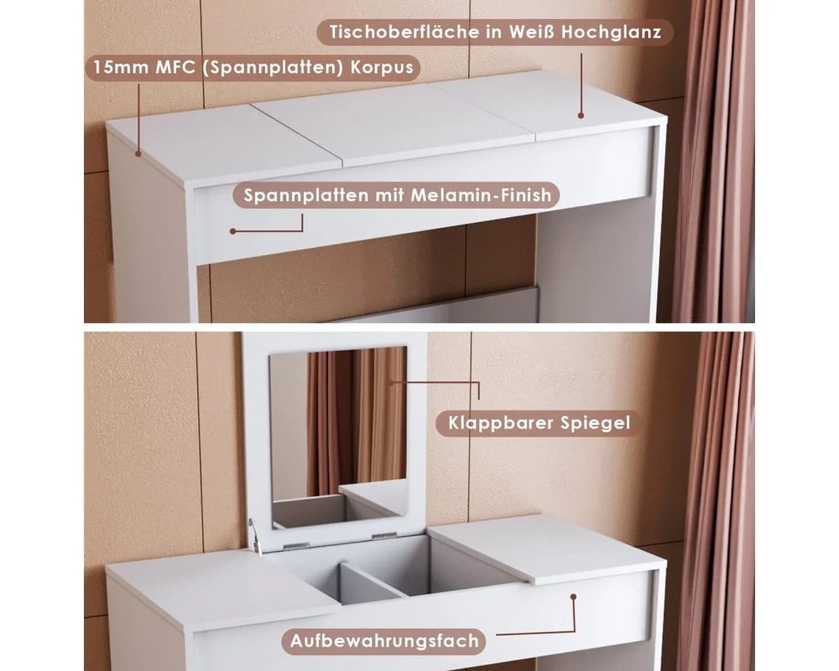 SONNI Schminktisch weiß mit Hocker und Spiegel - Bild 5