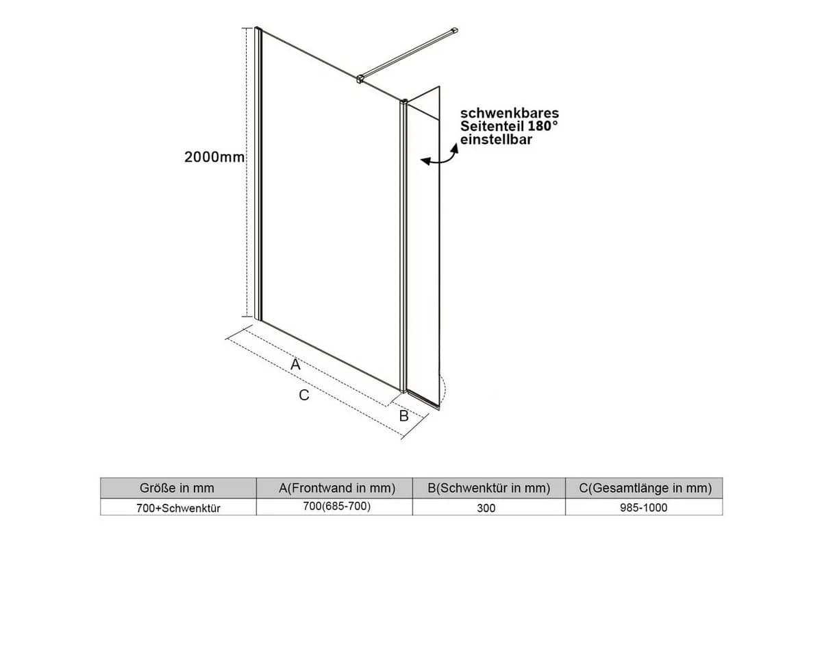 SONNI Walk-in-Dusche mit 30 cm schwenkbarer Seitenwand, 8 mm Nano-Glas - Bild 4