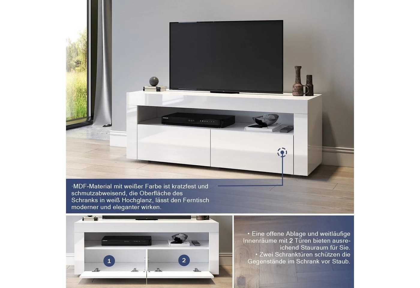 SONNI Lowboard TV Lowboard Weiß Hochglanz LED-Beleuchtung 120 cm - Bild 5