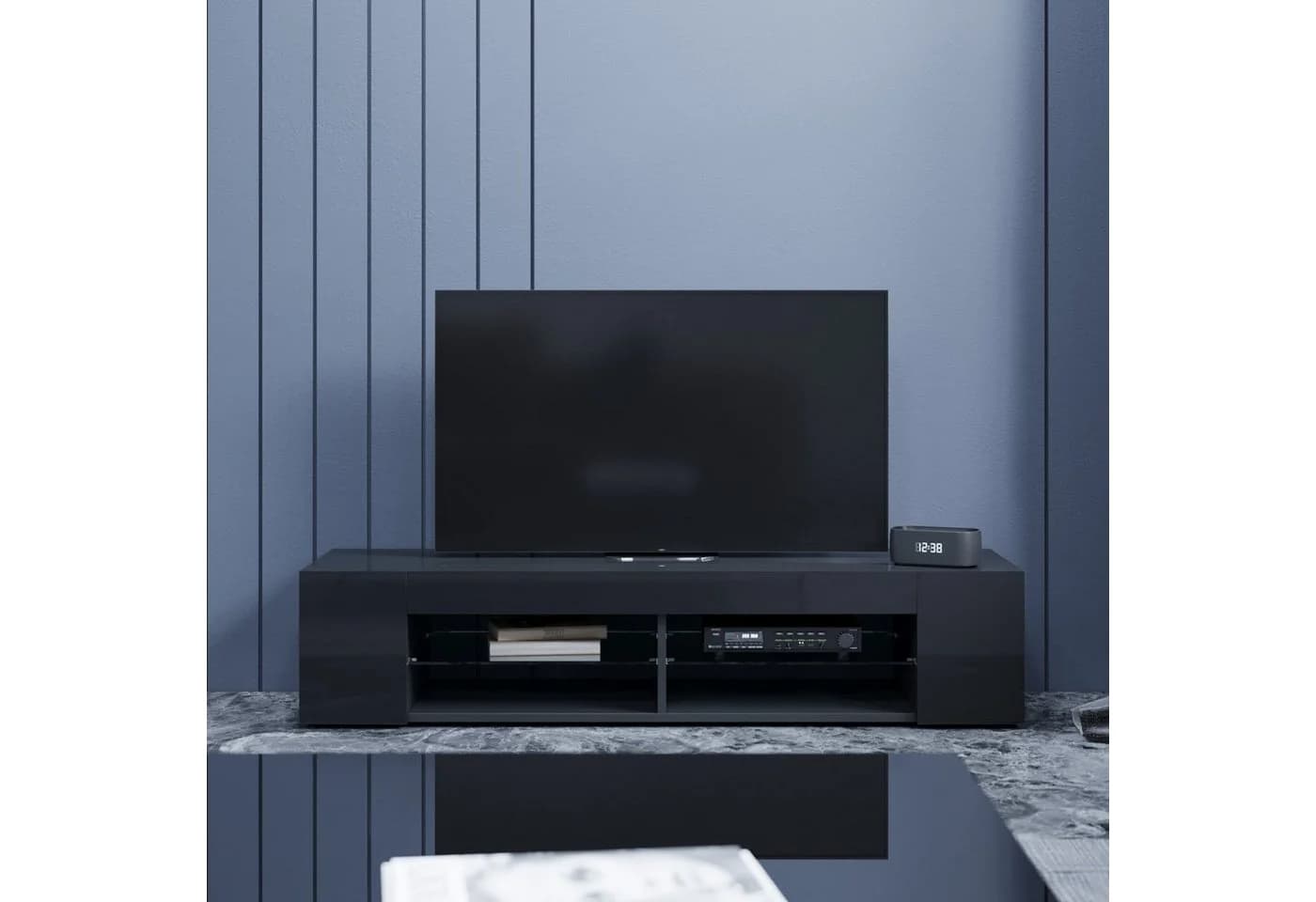 SONNI Lowboard 135cm TV-Unterschrank Schwarz Hochglanz mit LED-Beleuchtung