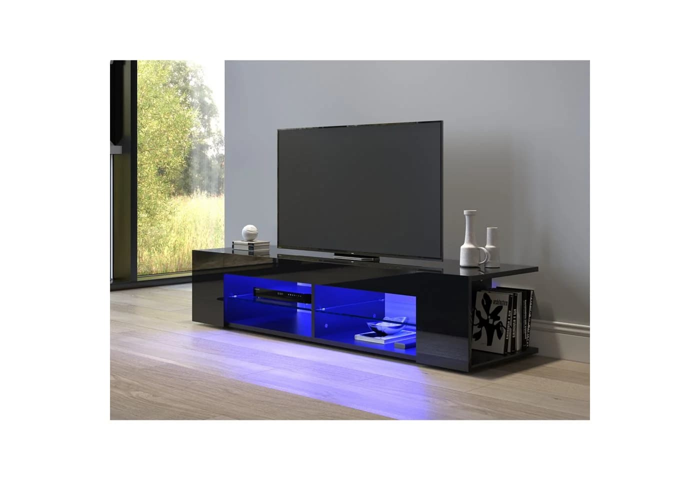 SONNI Lowboard 135cm TV-Unterschrank Schwarz Hochglanz mit LED-Beleuchtung - Bild 2