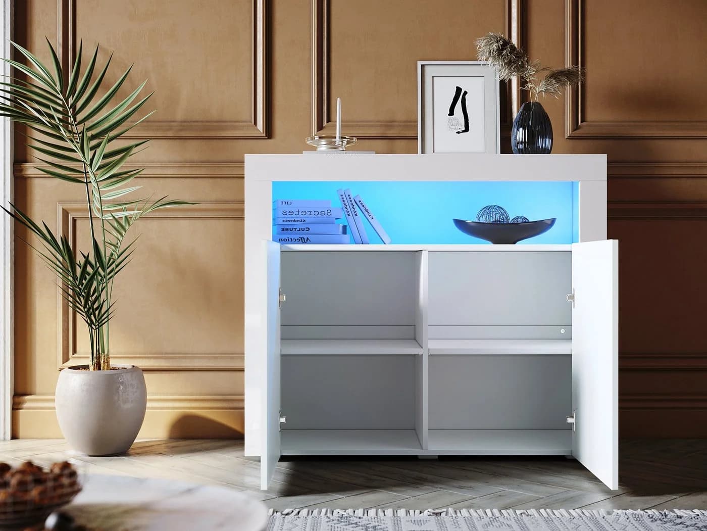 SONNI Kommode Sideboard Weiß Hochglanz mit LED Beleuchtung