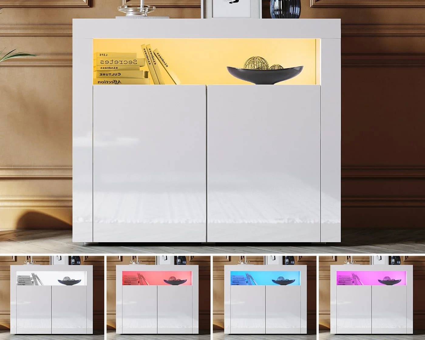 SONNI Kommode Sideboard Weiß Hochglanz mit LED Beleuchtung - Bild 4