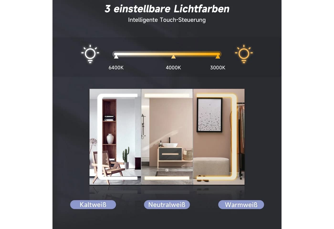SONNI Spiegelschrank Badezimmerspiegelschrank Edelstahl LED-Licht 105x65 cm Touch Steckdose 3-türig Anti-Fog