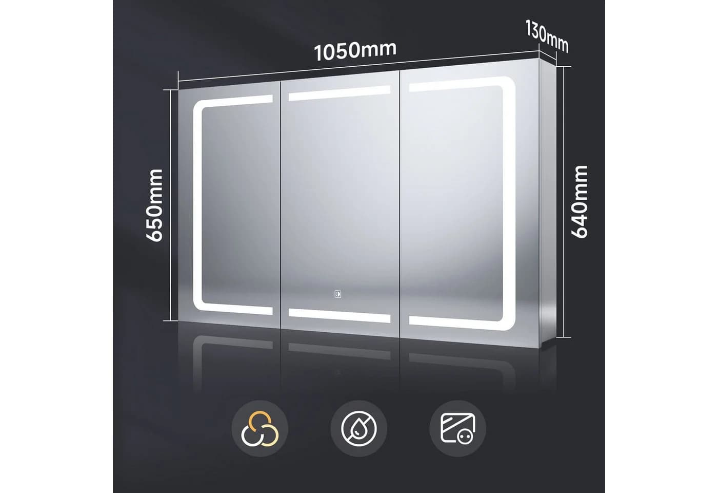 SONNI Spiegelschrank Badezimmerspiegelschrank Edelstahl LED-Licht 105x65 cm Touch Steckdose 3-türig Anti-Fog - Bild 3