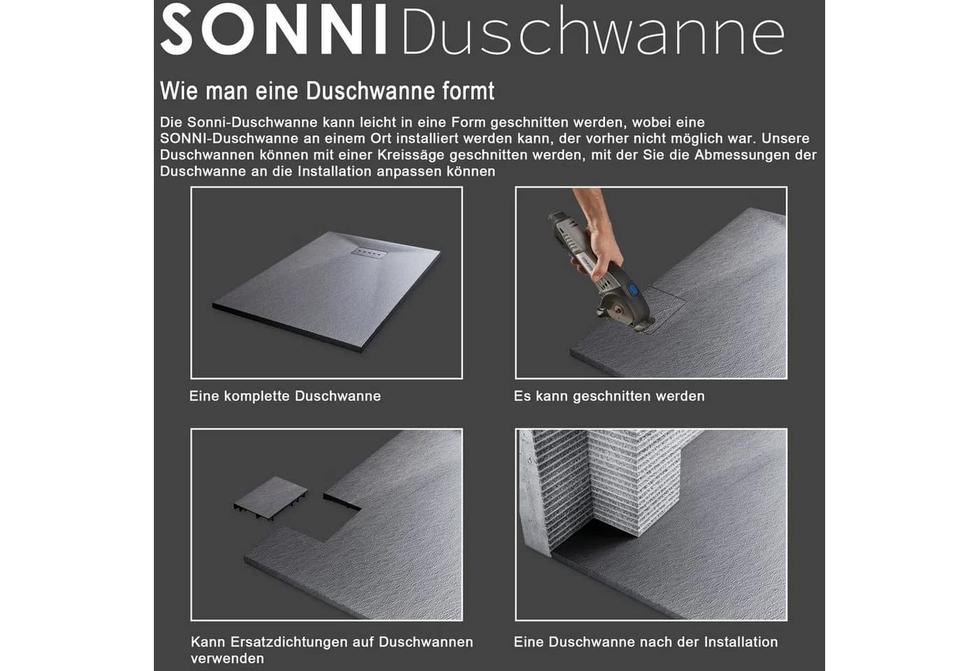 SONNI Duschwanne Schieferoptik Grau SMC 100-160cm Rechteckig - Bild 3