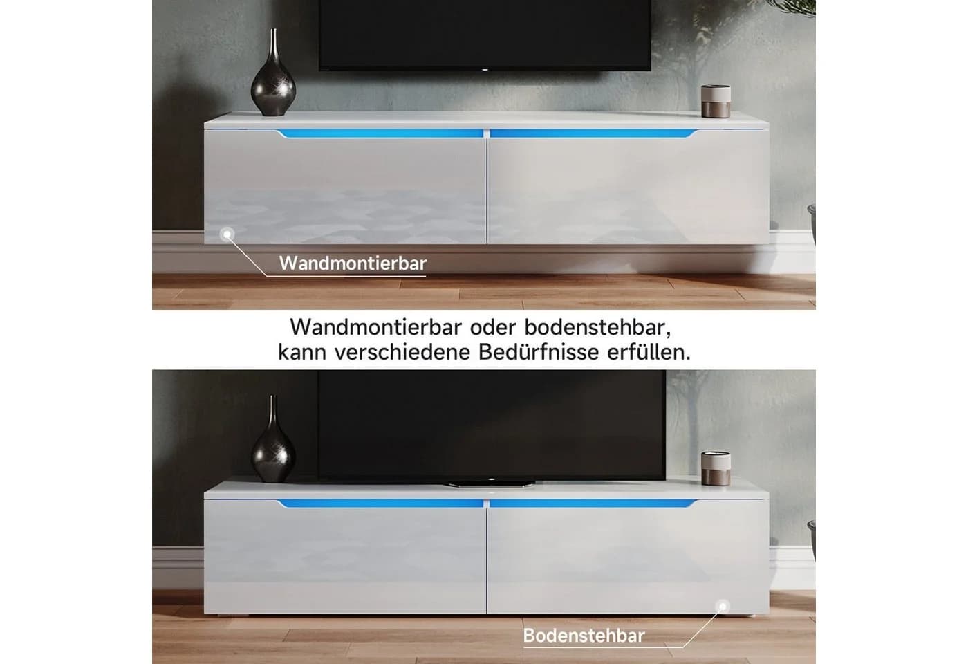 SONNI TV Schrank Weiß Hochglanz mit LED-Beleuchtung