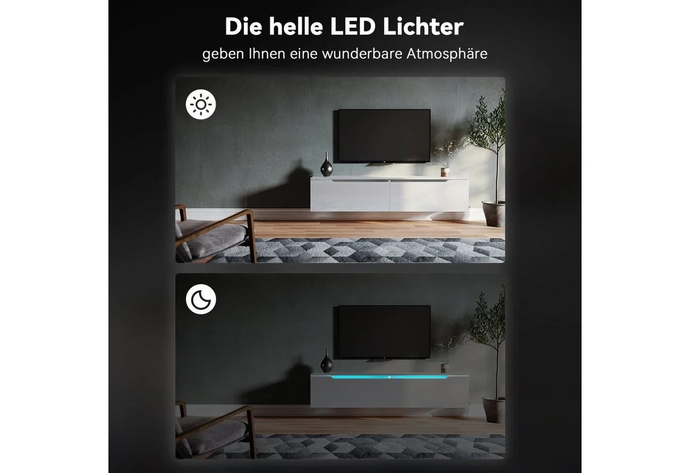 SONNI Lowboard TV Lowboard Hängend Hochglanz Weiß 140x35x30cm mit LED-Beleuchtung - Bild 5