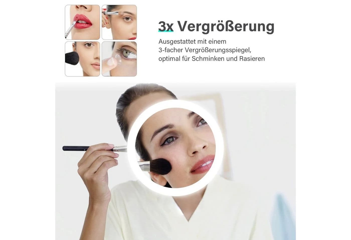 SONNI Badspiegel mit 3-facher Vergrößerung, Helligkeit einstellbar, beschlagfrei, IP44