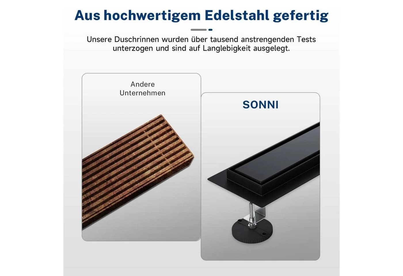 SONNI Duschrinne Edelstahl Bodenablauf Schwarz 50-110 cm 360° verstellbar