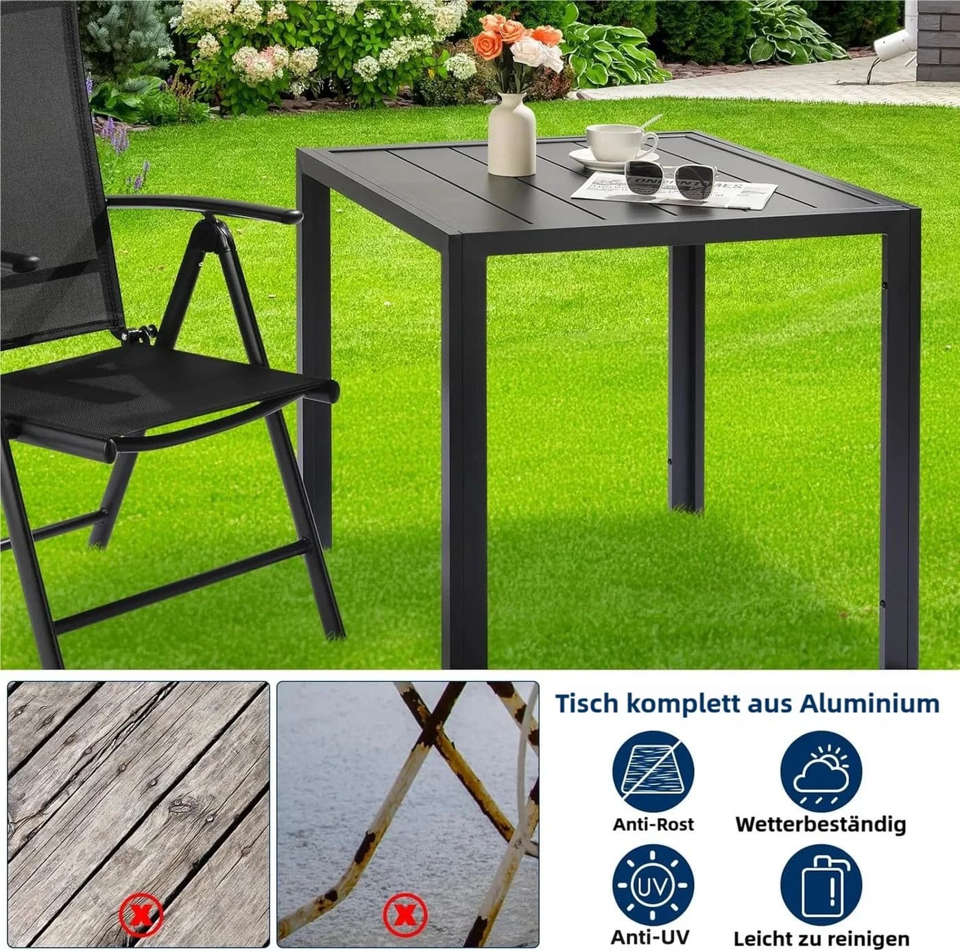TLGREEN Gartentisch Aluminium Schwarz Quadratisch Wetterfest - Bild 4
