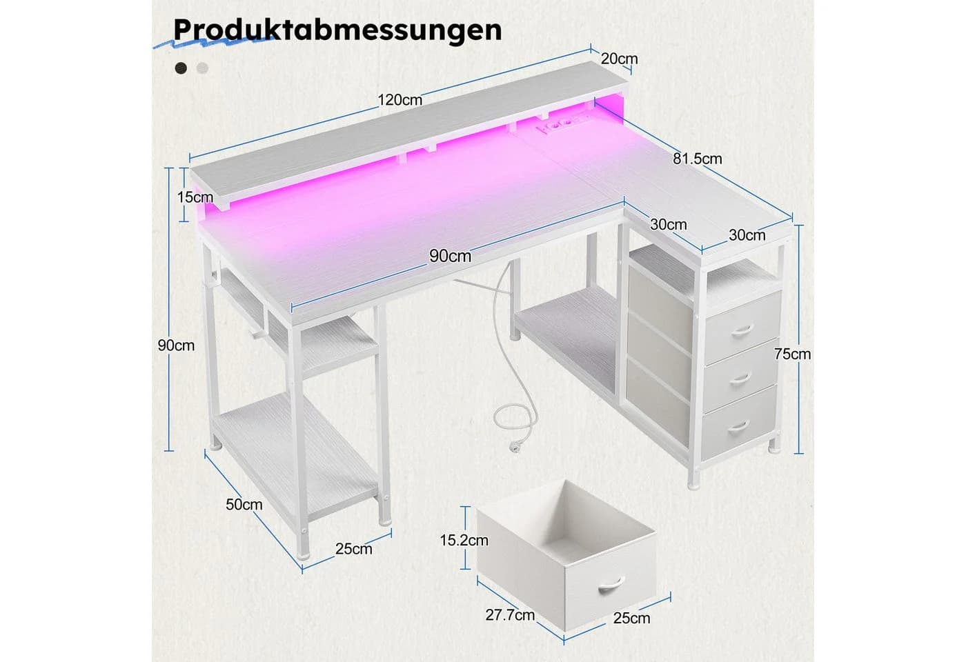 Klyvvo Gaming Schreibtisch L Form Weiß mit LED & Schubladen - Bild 3