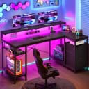 Klyvvo Gaming Schreibtisch L-Form Schwarz mit 3 Schubladen, LED & USB Bild 1