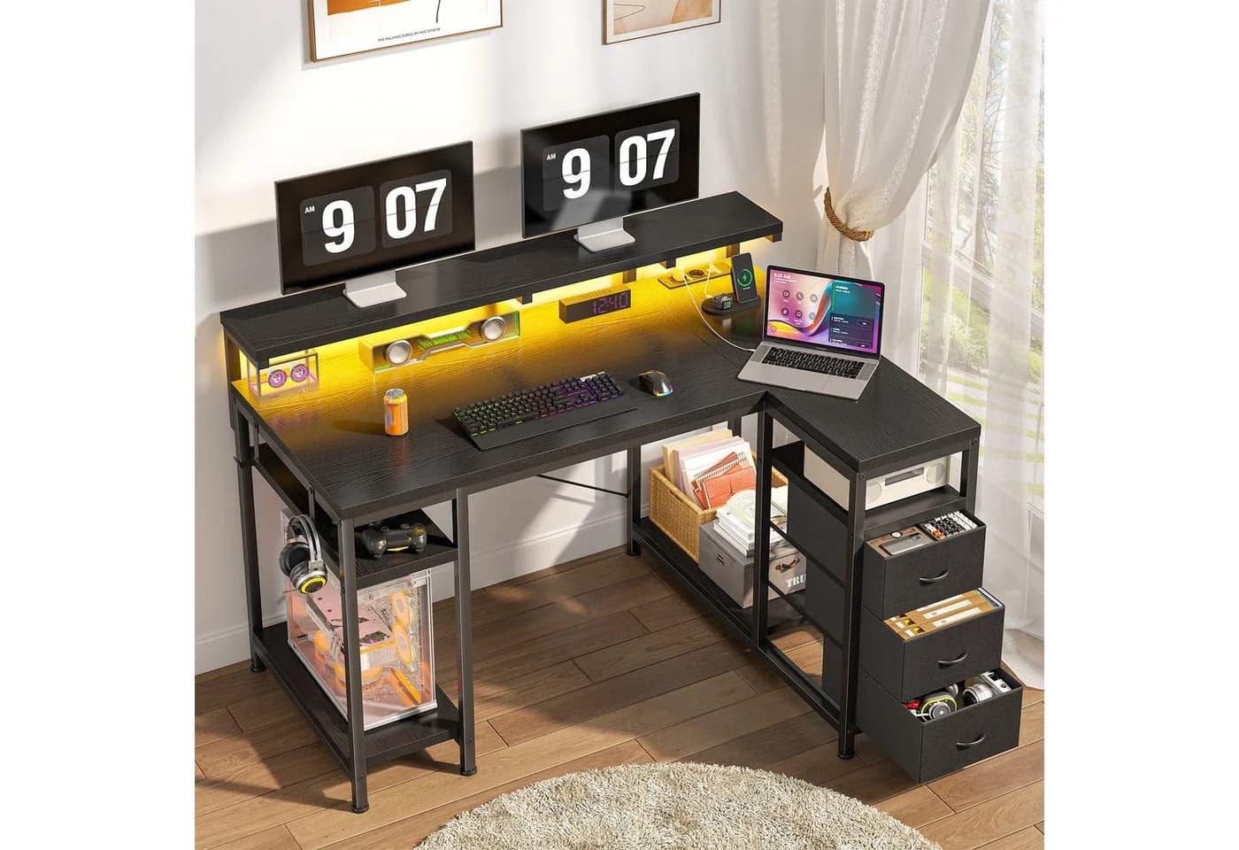 Klyvvo Gaming Schreibtisch L-Form Schwarz mit 3 Schubladen, LED & USB - Bild 2